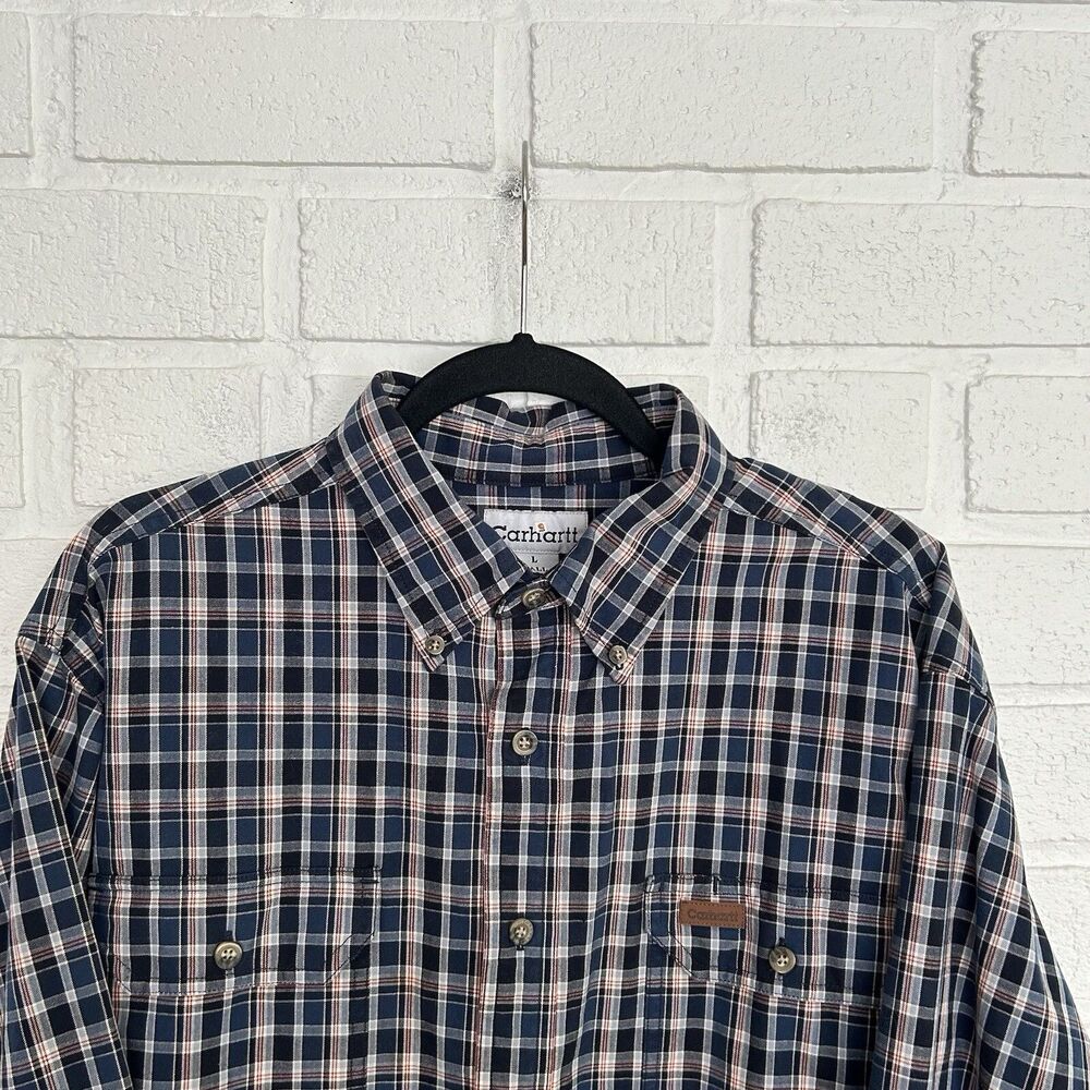 Vintage Carhartt Button Up Mens Large Tall Plaid Long Sleeve Leather Pocket Tab